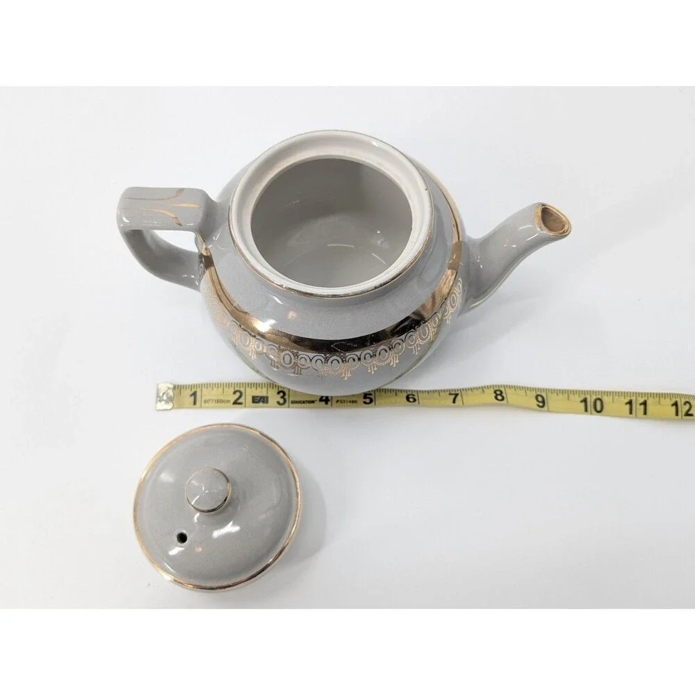 Hall Vintage Gray Metallic Gold Tea Pot 6 Cups Made in USA Art Deco Style